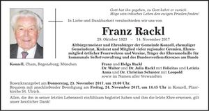Traueranzeige Franz Rackl