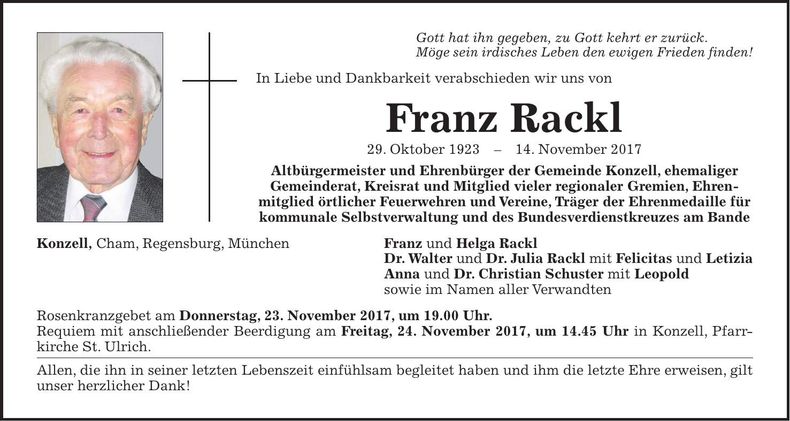 Traueranzeige Franz Rackl