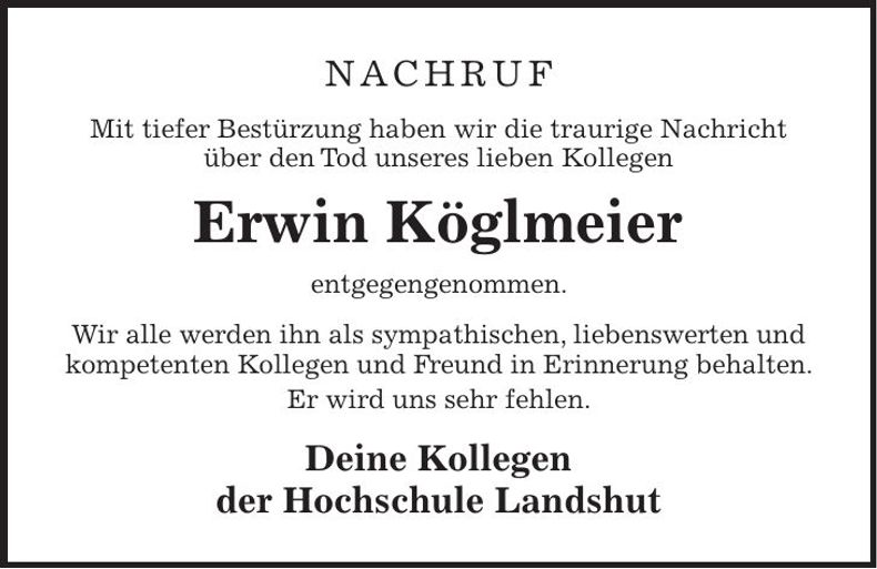 Traueranzeige Erwin Köglmeier