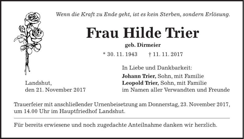 Traueranzeige Hilde Trier