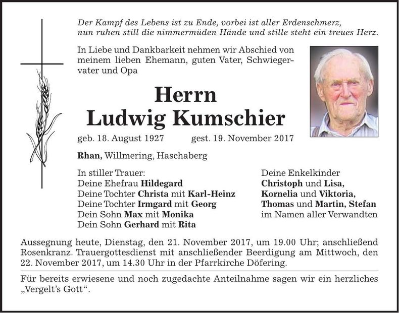 Traueranzeige Ludwig Kumschier
