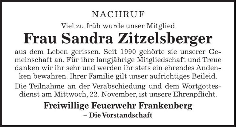 Traueranzeige Sandra Zitzelsberger