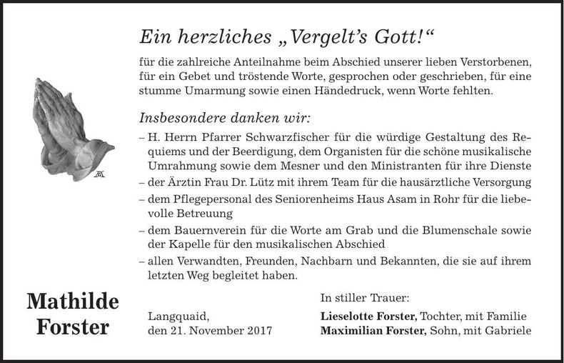 Traueranzeige Mathilde Forster