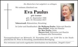 Traueranzeige Eva Paulus