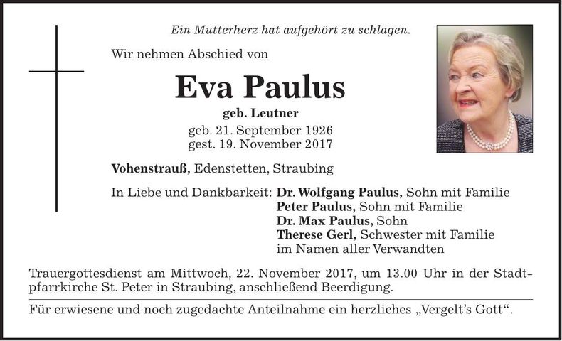 Traueranzeige Eva Paulus