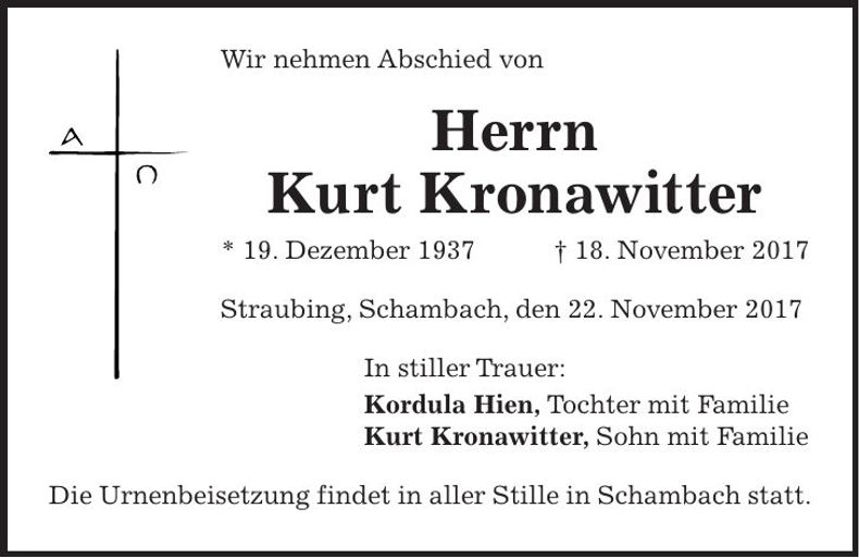 Traueranzeige Kurt Kronawitter