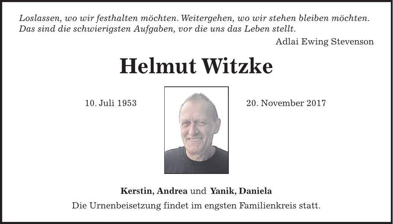 Traueranzeige Helmut Witzke