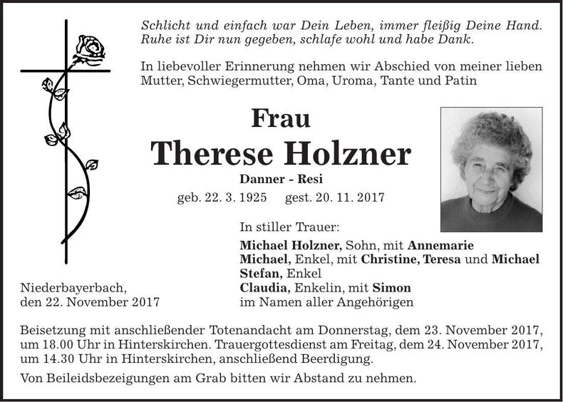 Traueranzeige Therese Holzner