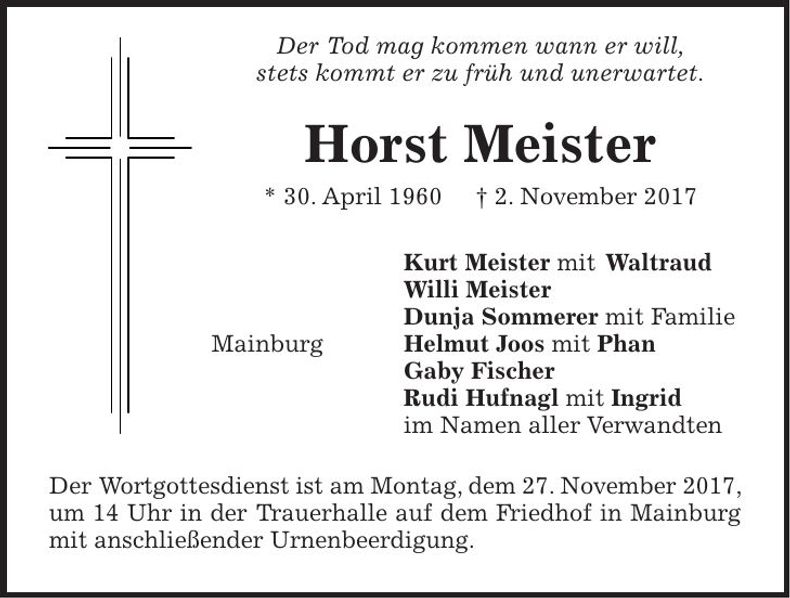 Traueranzeige Horst Meister