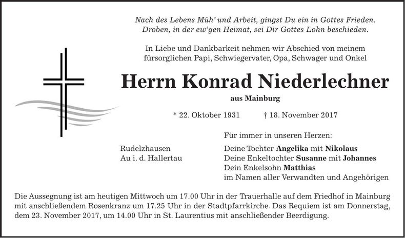 Traueranzeige Konrad Niederlechner