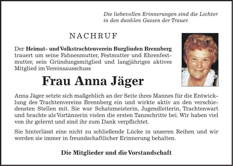 Traueranzeige Anna Jäger
