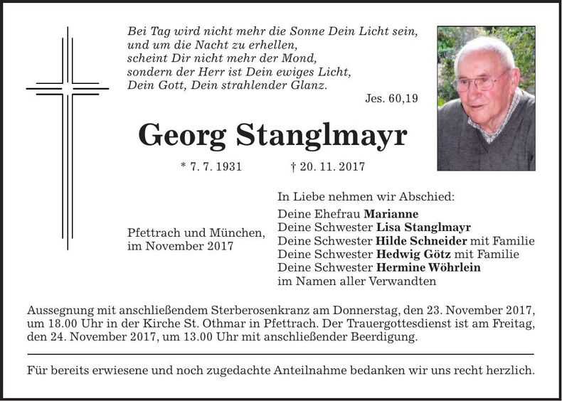Traueranzeige Georg Stanglmayr