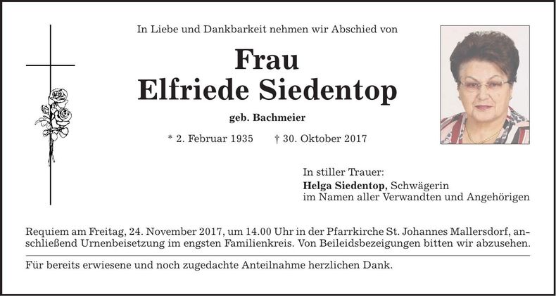 Traueranzeige Elfriede Siedentop