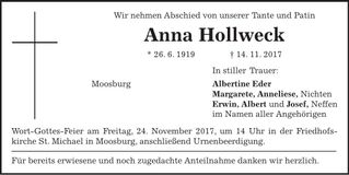 Traueranzeige Anna Hollweck