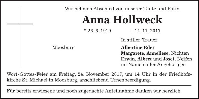 Traueranzeige Anna Hollweck