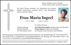 Traueranzeige Maria Ingerl