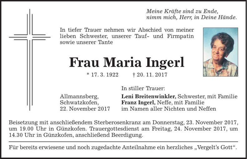 Traueranzeige Maria Ingerl