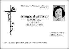 Traueranzeige Irmgard Kaiser