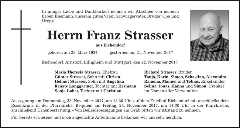 Traueranzeige Franz Strasser