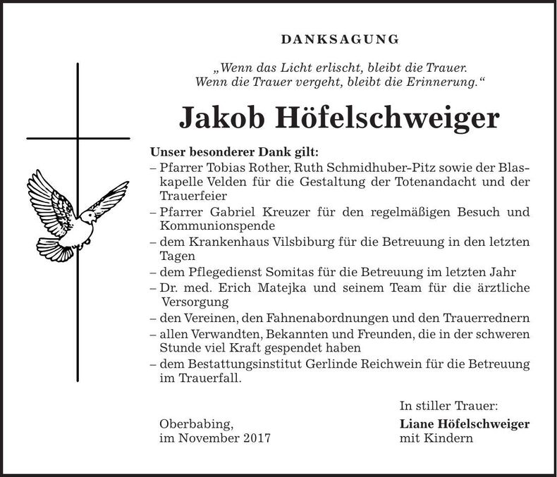Traueranzeige Jakob Höfelschweiger