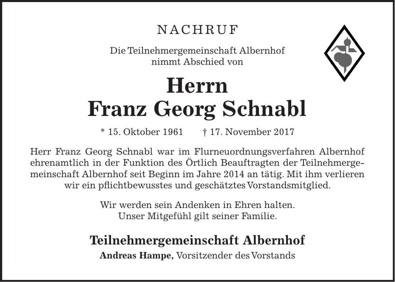 Traueranzeige Franz Georg Schnabl