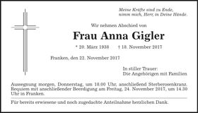 Traueranzeige Anna Gigler