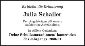 Traueranzeige Julia Schaller