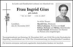 Traueranzeige Ingrid Gius