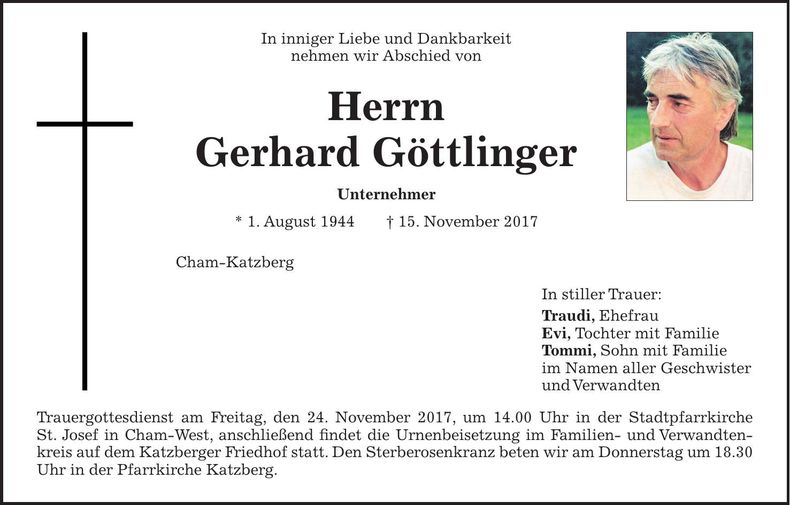 Traueranzeige Gerhard Göttlinger