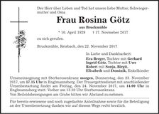 Traueranzeige Rosina Götz