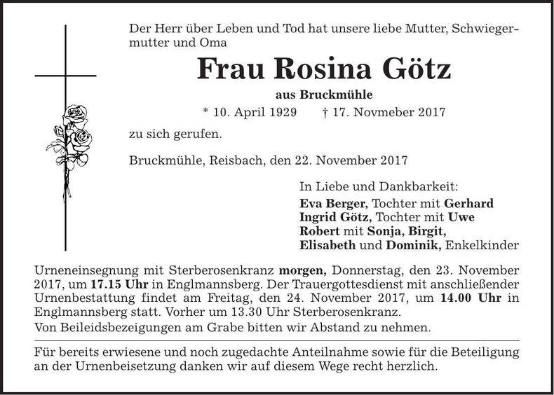 Traueranzeige Rosina Götz