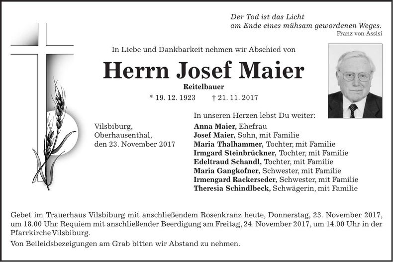 Traueranzeige Josef Maier