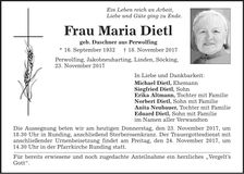 Traueranzeige Maria Dietl