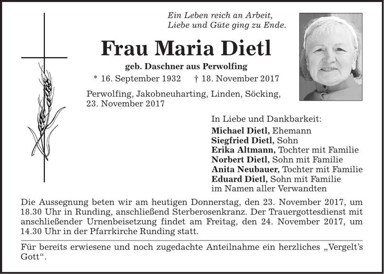 Traueranzeige Maria Dietl