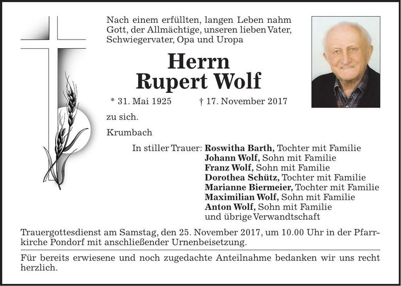Traueranzeige Rupert Wolf