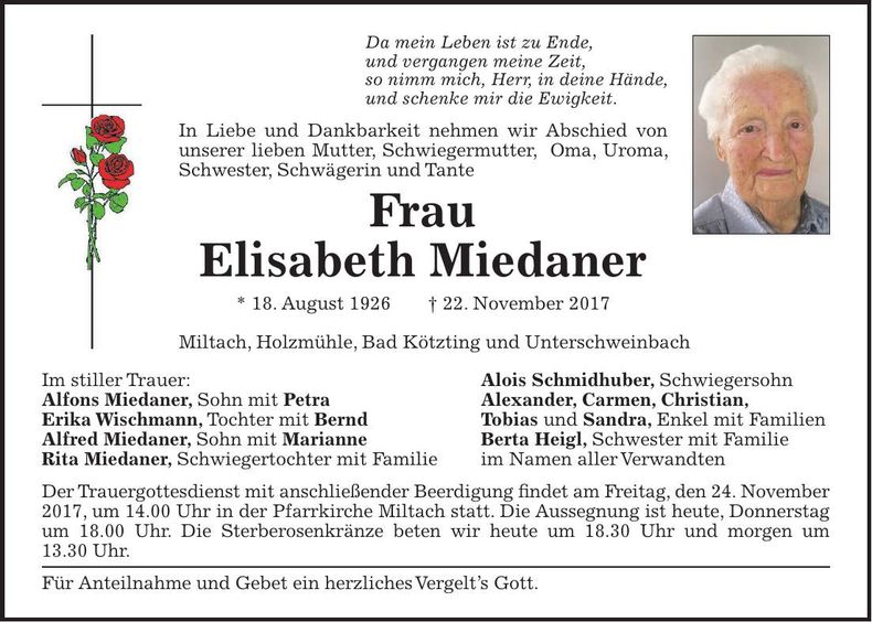 Traueranzeige Elisabeth Miedaner