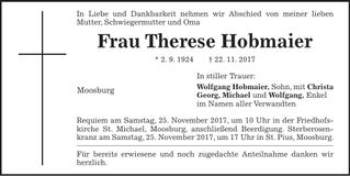 Traueranzeige Theresia Hobmaier