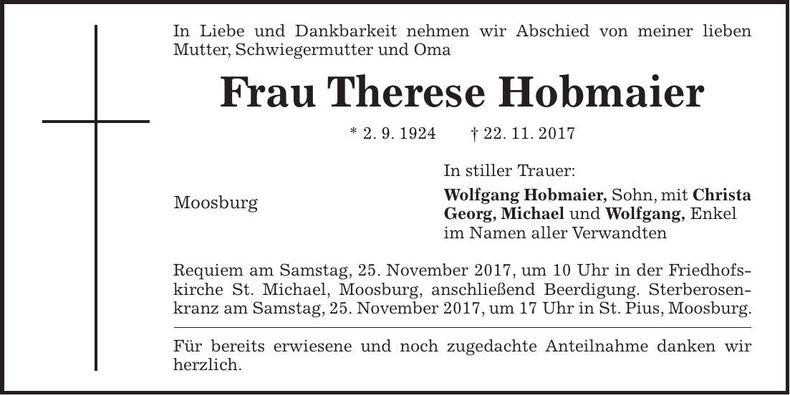 Traueranzeige Theresia Hobmaier