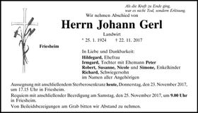 Traueranzeige Johann Gerl