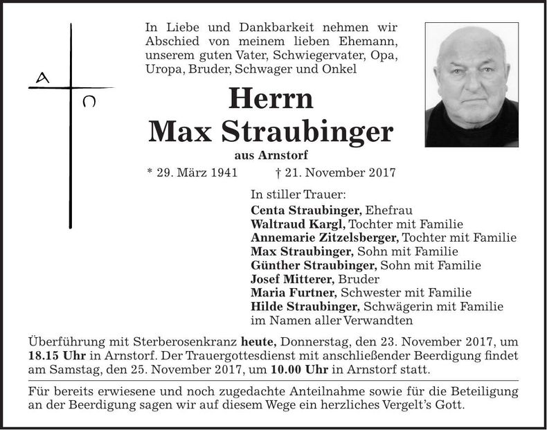 Traueranzeige Max Straubinger