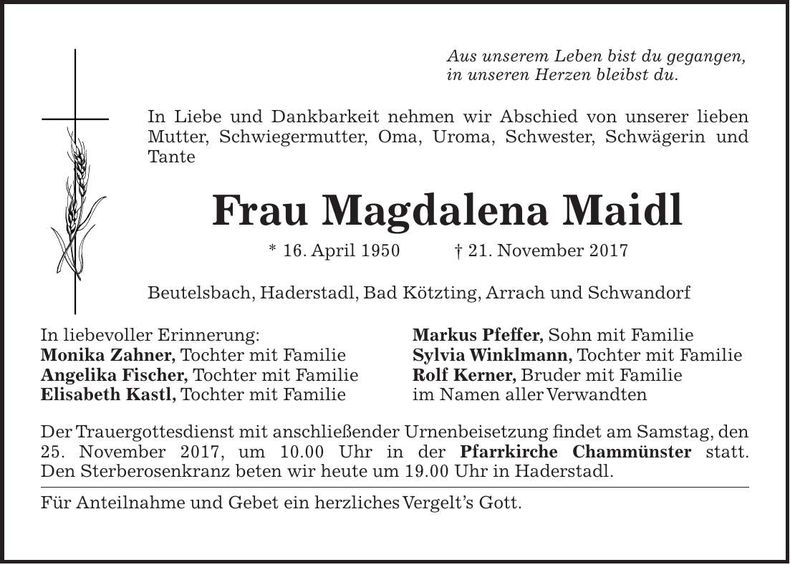 Traueranzeige Magdalena Maidl