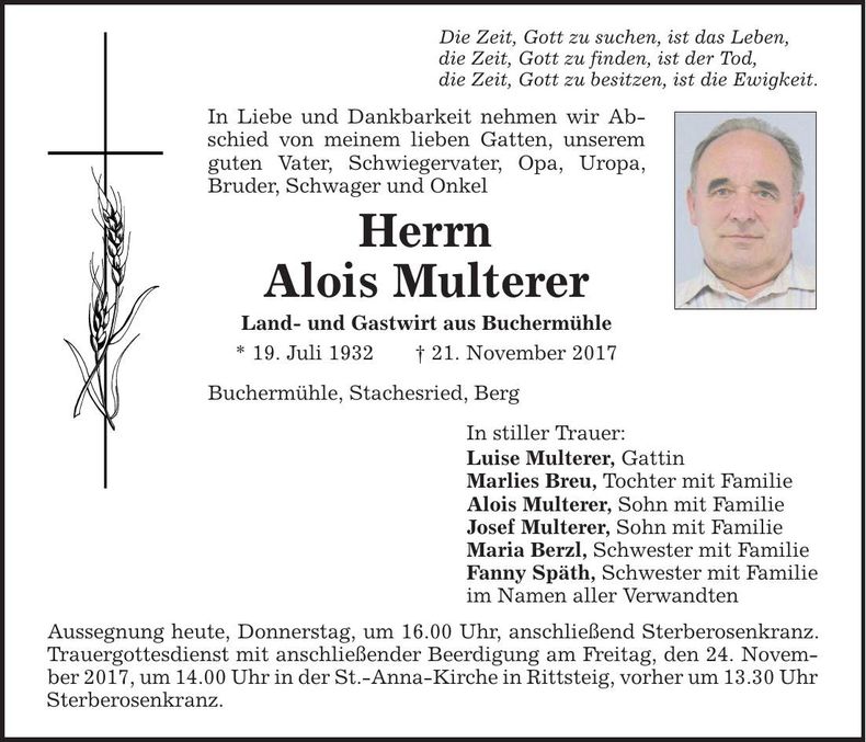 Traueranzeige Alois Multerer