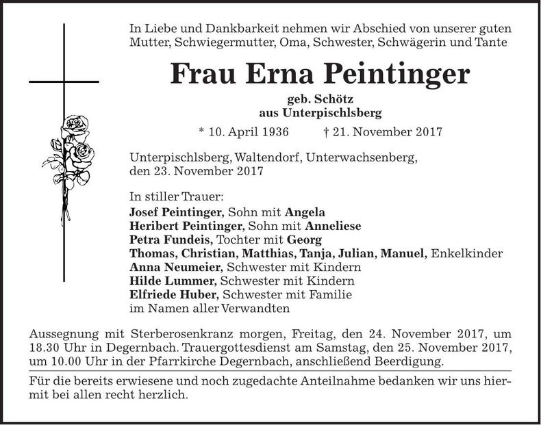 Traueranzeige Erna Peintinger