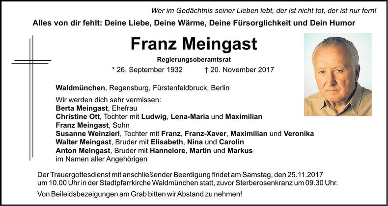 Traueranzeige Franz Meingast