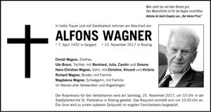 Traueranzeige Alfons Wagner