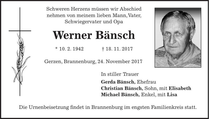 Traueranzeige Werner Bänsch