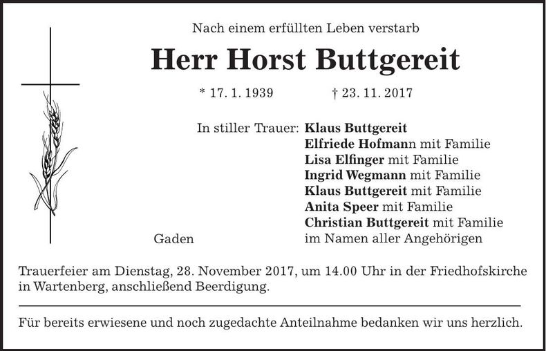 Traueranzeige Host Buttgereit