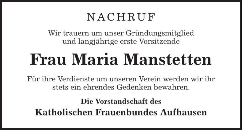 Traueranzeige Maria Manstetten