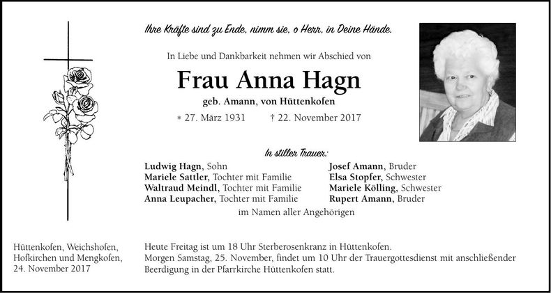 Traueranzeige Anna Hagn