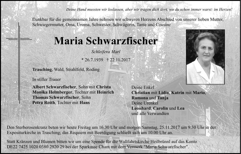 Traueranzeige Maria Schwarzfischer
